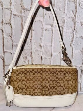 Coach Mini bag Wristlet in Brown Signature Canvas White Leather Trim Tassle GUC